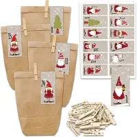 OCreon Adventskalender om te vullen - 24 cadeauzakjes en 24 cijferstickers en clips - Motief hoekige stickers - Kerstman - Om te vullen en te knutselen