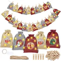 OCreon Adventskalender om te vullen - 24 jute zakjes met klemmen - Lichtketting - Kerstkalender om te vullen