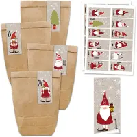 OCreon Adventskalender Set - 24 bruine papieren zakken en 24 vierkante cijfer stickers met de Kerstman - DIY en vul - Mini Set No 62 - Kerstmis 2021