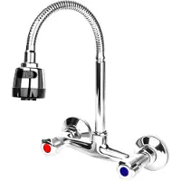 OCreon Wand-tweegreepkraan van messing - 360° draaibare wastafel - Warm en koudwaterschakelaar - Wandarmatuur keuken wastafelarmatuur - 2 waterafvoermodi