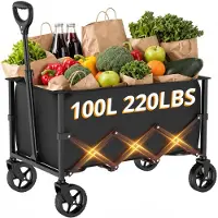 OCreon Opvouwbare Kar met Wielen, Opvouwbare Kar met Verstelbare Handgreep, 100L Grote Capaciteit, voor Winkelen, Kamperen, Tuin