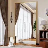 Koonmi Spiegel voor het hele lichaam, 89 x 198 cm, met een gouden aluminium frame en een standaard, geschikt om aan te zetten of op te hangen. Gemaakt van veiligheidsglas