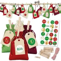 OCreon Adventskalender 2025 om te vullen - 24 stoffen zakjes in rood-groen-wit - Incl. klemmen - Koord en stickers - Om te versieren en te knutselen