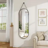 Koonmi Hangende spiegel, ovaal, 40x120 cm, met leren band en aluminium frame, zwart