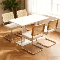 Kein Hersteller Eetkamerstoelen set van 4, fluweel, met rattan-look, chroom poten, design uit het midden van de eeuw (Breuer-stijl), gestoffeerd