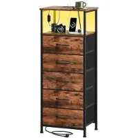 Somdot Kast met lades en laadfunctie, LED-verlichting, stopcontact, 5 stoffen lades, houtnerfmotief, 30x40x101 cm