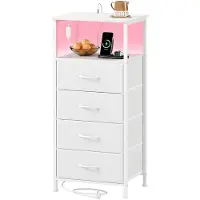 Somdot Commode met lades en LED-verlichting, 30T x 40B x 86,5H, wit leer, 4 stoffen lades