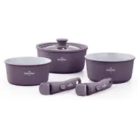Swiss Haus Kookgerei set, 6-delig, taupe/paars, geschikt voor alle warmtebronnen, inclusief inductie, Lake Geneva collectie, SH-GCSP6T