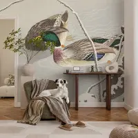 Coloray Vliesbehang - Grijs Snellijm Behang - 416x254 cm - Rustige Eenden Muurschildering - Gang behang Dieren - Fotobehang Vlies - Gang behang