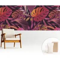 Wallfluent Fotobehang - Zwart Vliesbehang - 250x104 cm - Exotische Bladeren Fotobehang Vlies - Hal behang Bloemen En Planten - Muurschildering - Woonkamer behang