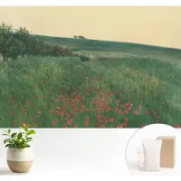 Wallfluent Fotobehang - Groente Vliesbehang - 104x70 cm - Papavervelden Muurschildering - Gang behang Landschappen - Fotobehang Vlies - Slaapkamer behang