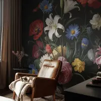 Coloray Vliesbehang - Zwart Snellijm Behang - 312x219 cm - Bloemen Met Insecten Fotobehang Vlies - Hal behang Bloemen En Planten - Muurschildering - Woonkamer behang