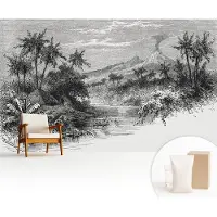 Wallfluent Fotobehang - Zwart-Wit Vliesbehang - 416x254 cm - Exotisch Panorama Fotobehang Vlies - Woonkamer behang Landschappen - Muurschildering - Hal behang