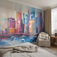 Coloray Vliesbehang - Blauw Snellijm Behang - 208x146 cm - Kleurrijke Stad Muurschildering - Gang behang Deel - Fotobehang Vlies - Slaapkamer behang