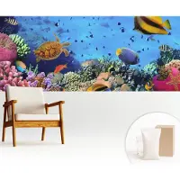 Wallfluent Fotobehang - Blauw Vliesbehang - 250x104 cm - Koraalrif Muurschildering - Gang behang Dieren - Fotobehang Vlies - Slaapkamer behang