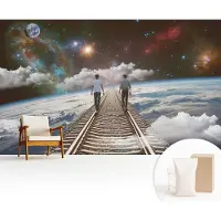 Wallfluent Fotobehang - Wit Vliesbehang - 416x254 cm - Ruimtereis Fotobehang Vlies - Woonkamer behang Kosmos - Muurschildering - Woonkamer behang