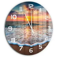 Tulup Wandklok - Zonsondergang op zee Glazen Klok Met Print - fi60 cm - Oranje Wandklok Glas Met Motief - Witte handen - Ronde Klok - Wandklok Glas Decoratie - Gekleurde Glazen Klok