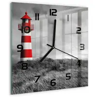 Tulup Wandklok - Vuurtoren Wandklok Glas Met Motief - 30x30 cm - Rood Decoratieve Glazen Klok - Zwarte handen - Vierkante Klok - Gekleurde Glazen Klok - Glazen Klok Met Print