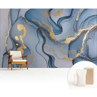 Wallfluent Fotobehang - Blauw Vliesbehang - 416x254 cm - Blauwe Golven Muurschildering - Gang behang Abstractie - Fotobehang Vlies - Slaapkamer behang