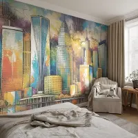 Coloray Vliesbehang - Blauw Snellijm Behang - 208x146 cm - Stadspanorama Muurschildering - Gang behang Architectuur - Fotobehang Vlies - Slaapkamer behang