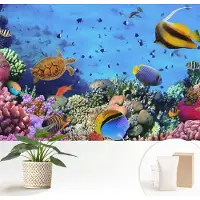 Wallfluent Fotobehang - Blauw Vliesbehang - 152x104 cm - Koraalrif Muurschildering - Slaapkamer behang Dieren - Fotobehang Vlies - Slaapkamer behang