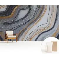 Wallfluent Fotobehang - Zwart Vliesbehang - 416x254 cm - Steengolven Fotobehang Vlies - Hal behang Abstractie - Muurschildering - Woonkamer behang