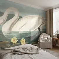 Coloray Vliesbehang - Wit Snellijm Behang - 250x104 cm - Zwaan En Waterlelies Fotobehang Vlies - Hal behang Dieren - Muurschildering - Woonkamer behang