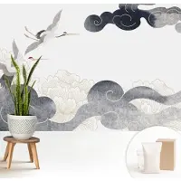Wallfluent Fotobehang - Wit Vliesbehang - 208x146 cm - Kraanvogels In Vlucht Muurschildering - Slaapkamer behang Dieren - Fotobehang Vlies - Slaapkamer behang