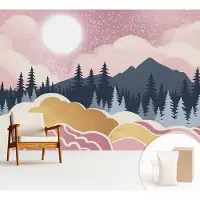 Wallfluent Fotobehang - Roze Vliesbehang - 312x219 cm - Roze Zonsondergang Muurschildering - Slaapkamer behang Landschappen - Fotobehang Vlies - Slaapkamer behang