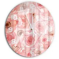 Tulup Wandklok - Bloemenpatroon Glazen Wandklok Design - fi60 cm - Roze Klok Glas Met Opdruk - Witte handen - Ronde Klok - Wandklok Glas Met Motief - Decoratieve Glazen Klok