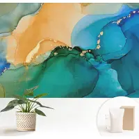 Wallfluent Fotobehang - Blauw Vliesbehang - 152x104 cm - Kleurrijke Golven Fotobehang Vlies - Woonkamer behang Abstractie - Muurschildering - Woonkamer behang