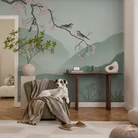 Coloray Vliesbehang - Grijs Snellijm Behang - 208x146 cm - Japanse Serenade Fotobehang Vlies - Hal behang Bloemen En Planten - Muurschildering - Woonkamer behang