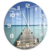 Tulup Wandklok - Houten brug Glazen Wandklok Design - fi60 cm - Blauw Klok Glas Met Opdruk - Witte handen - Ronde Klok - Wandklok Glas Met Motief - Decoratieve Glazen Klok