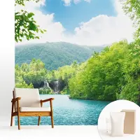 Wallfluent Fotobehang - Groente Vliesbehang - 250x250 cm - Natuurlijke Waterval Muurschildering - Slaapkamer behang Landschappen - Fotobehang Vlies - Slaapkamer behang