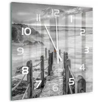 Tulup Wandklok - Pad langs de zee Decoratieve Glazen Klok - 60x60 cm - Zwart-wit Glazen Wandklok Design - Witte handen - Vierkante Klok - Glazen Klok Met Print - Wandklok Glas Met Motief
