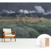 Wallfluent Fotobehang - Grijs Vliesbehang - 312x219 cm - Door De Wind Meegevoerde Grassen Muurschildering - Slaapkamer behang Landschappen - Fotobehang Vlies - Slaapkamer behang