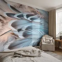 Coloray Vliesbehang - Wit Snellijm Behang - 152x104 cm - Blauwe Veren Muurschildering - Slaapkamer behang Texturen - Fotobehang Vlies - Slaapkamer behang