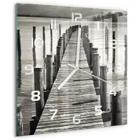Tulup Wandklok - Houten brug Decoratieve Glazen Klok - 30x30 cm - Zwart-wit Glazen Wandklok Design - Witte handen - Vierkante Klok - Glazen Klok Met Print - Wandklok Glas Met Motief