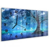 Tulup Wandklok - Mysterieus bos Wandklok Glas Met Motief - 60x30 cm - Blauw Decoratieve Glazen Klok - Zwarte handen - Rechthoekige Klok - Gekleurde Glazen Klok - Glazen Klok Met Print