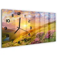 Tulup Wandklok - Bergen bij zonsondergang Wandklok Glas Decoratie - 60x30 cm - Veelkleurig Gekleurde Glazen Klok - Zwarte handen - Rechthoekige Klok - Klok Glas Met Opdruk - Moderne Wandklok Glas