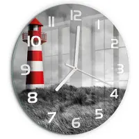 Tulup Wandklok - Vuurtoren Decoratieve Glazen Klok - fi30 cm - Rood Glazen Wandklok Design - Witte handen - Ronde Klok - Glazen Klok Met Print - Wandklok Glas Met Motief