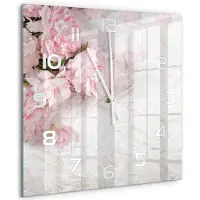 Tulup Wandklok - Pioenrozen Wandklok Glas Decoratie - 60x60 cm - Roze Gekleurde Glazen Klok - Witte handen - Vierkante Klok - Klok Glas Met Opdruk - Moderne Wandklok Glas