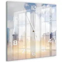Tulup Wandklok - Wolkenkrabber Klok Glas Met Opdruk - 60x60 cm - Blauw Moderne Wandklok Glas - Witte handen - Vierkante Klok - Decoratieve Glazen Klok - Glazen Wandklok Design
