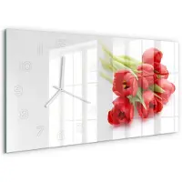 Tulup Wandklok - Rode tulpen Gekleurde Glazen Klok - 60x30 cm - Rood Glazen Klok Met Print - Witte handen - Rechthoekige Klok - Moderne Wandklok Glas - Wandklok Glas Decoratie