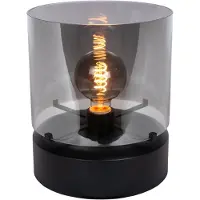 Atmooz glazen tafellamp – Ø 25 cm – Rookgrijs glas – Voet van zwart eikenhout – E27 – Sfeerverlichting