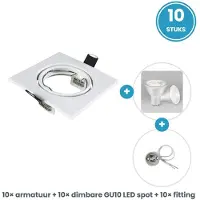Tsong GU10 inbouwspots compleet - 10 stuks - vierkant wit - LED 5W 400lm dimbaar warmwit 2700K - incl. fittingen - 230V