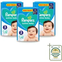Pampers 3 x – Luiers – Active Baby Maat 3 – 70 Luiers - Wasstrips - Baby-luiers - Droge Billetjes - Huidbescherming - Luchtdoorlatende Luiers - Absorberende Luiers