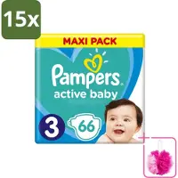 Pampers 15 x – Luiers – Active Baby Dry Maat 3 – 66 Luiers - Bulkverpakking - Baby luier - Douchemop - Droge luier