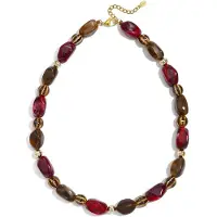 Yehwang Dames Ketting Goudkleurig – Rode en Bruine Kralen – Statement Ketting – Verstelbaar