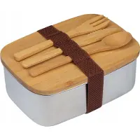 Upominkarnia RVS Lunchbox met Bamboe Deksel en Bestek - Grijs/Beige